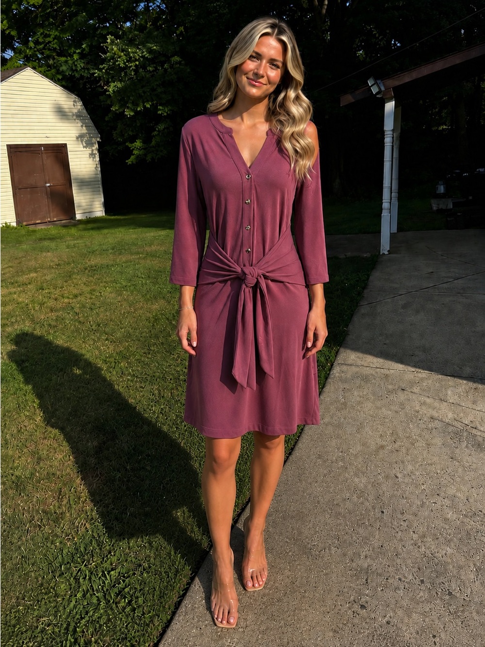 WHBM Women's Mauve Tie-Waist Button Front Dress